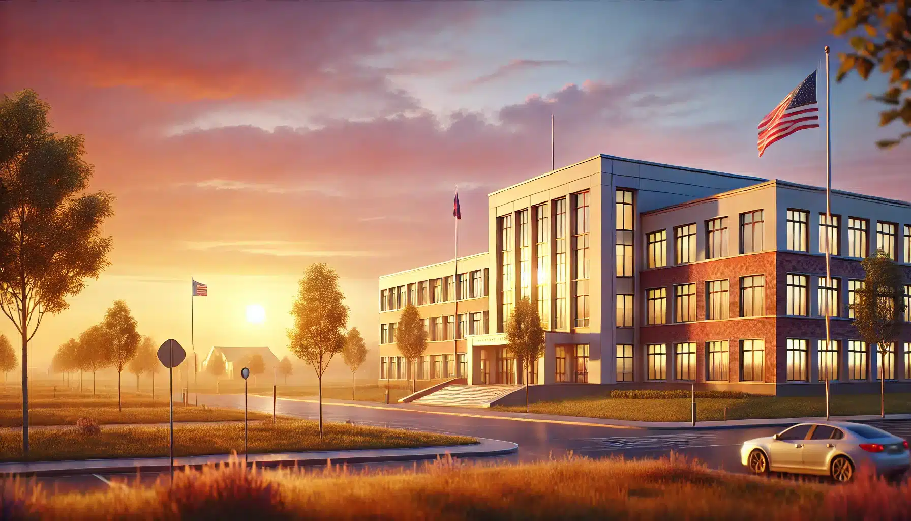 sunset over a school